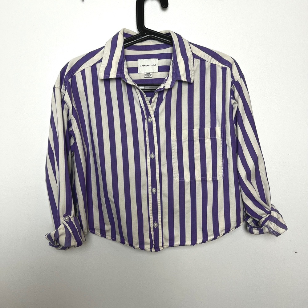 American Eagle Purple Striped Cropped Button‎ Down Shirt Womens Small Cotton